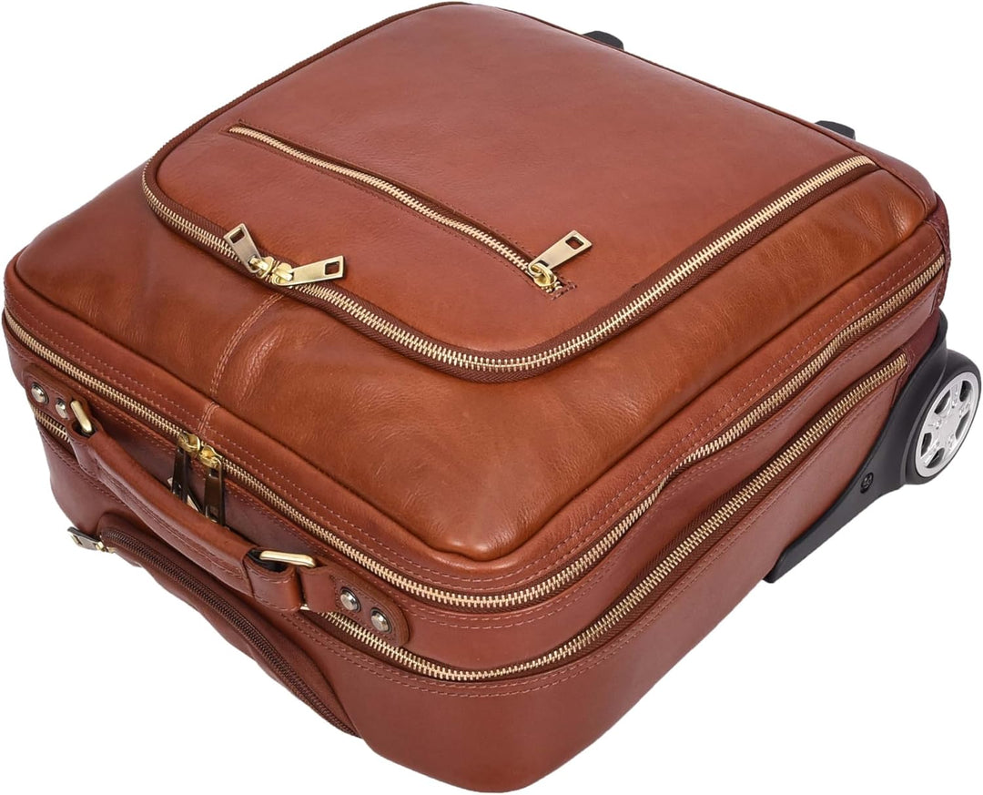 Pilotentasche aus echtem Leder mit Rollen Teleskopgriff für Business Reisetasche Sussex, hautfarben,
