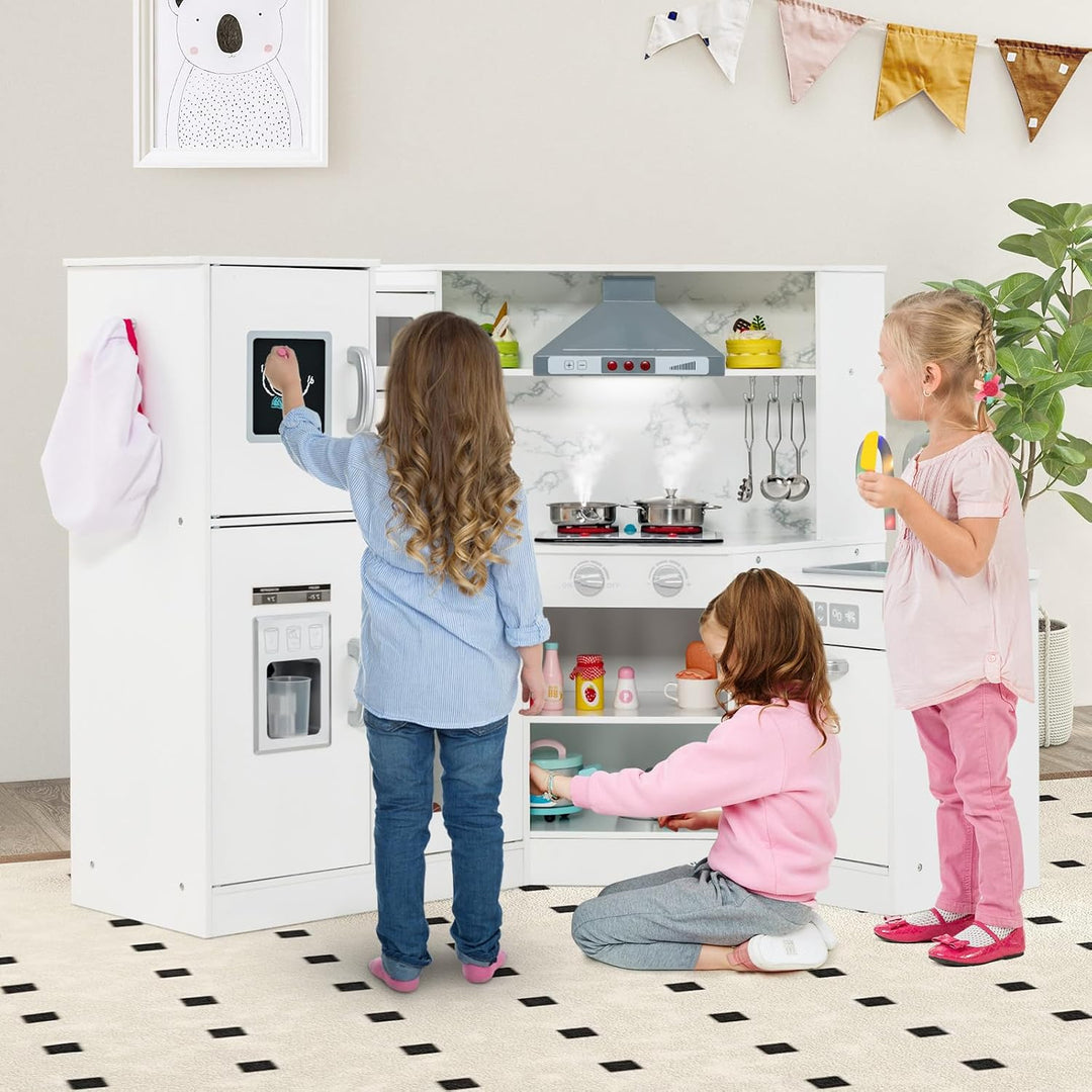 HOMASIS Eck Kinderküche Holz, Spielküche mit Licht, Sound &amp; Dampf, inkl. 16 Zubehör, Spielzeugküche