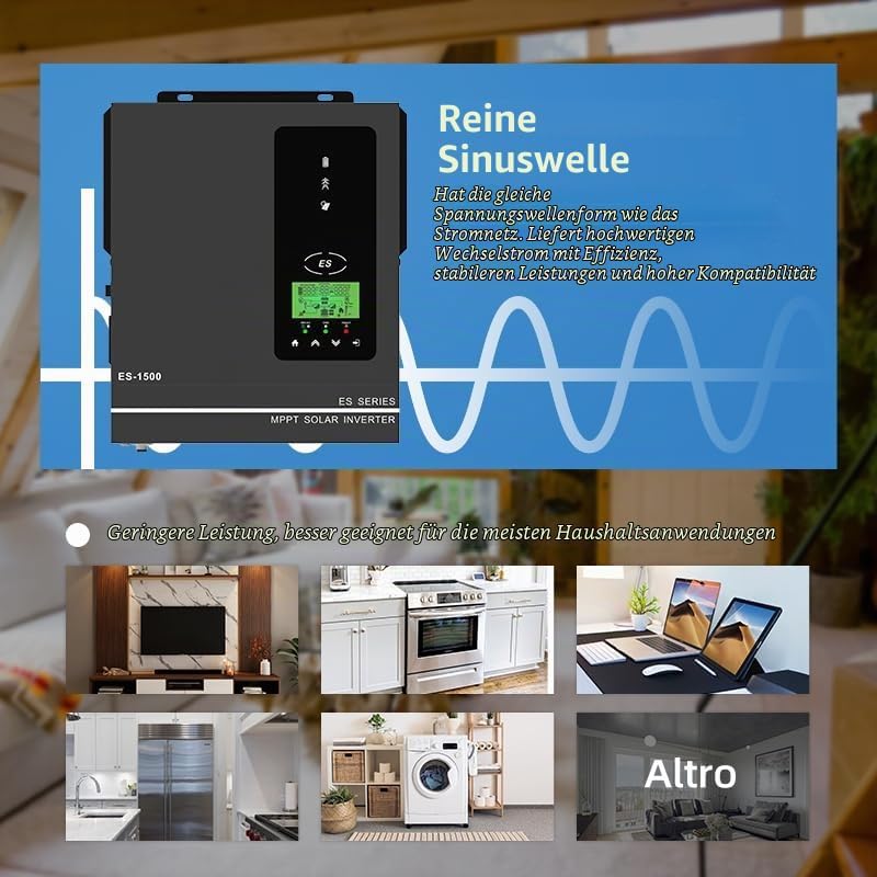 Anern 1000W Hybrid Wechselrichter Solar 12V DC auf 220V/230V AC mit 80A MPPT Solarregler Max. PV-Ein