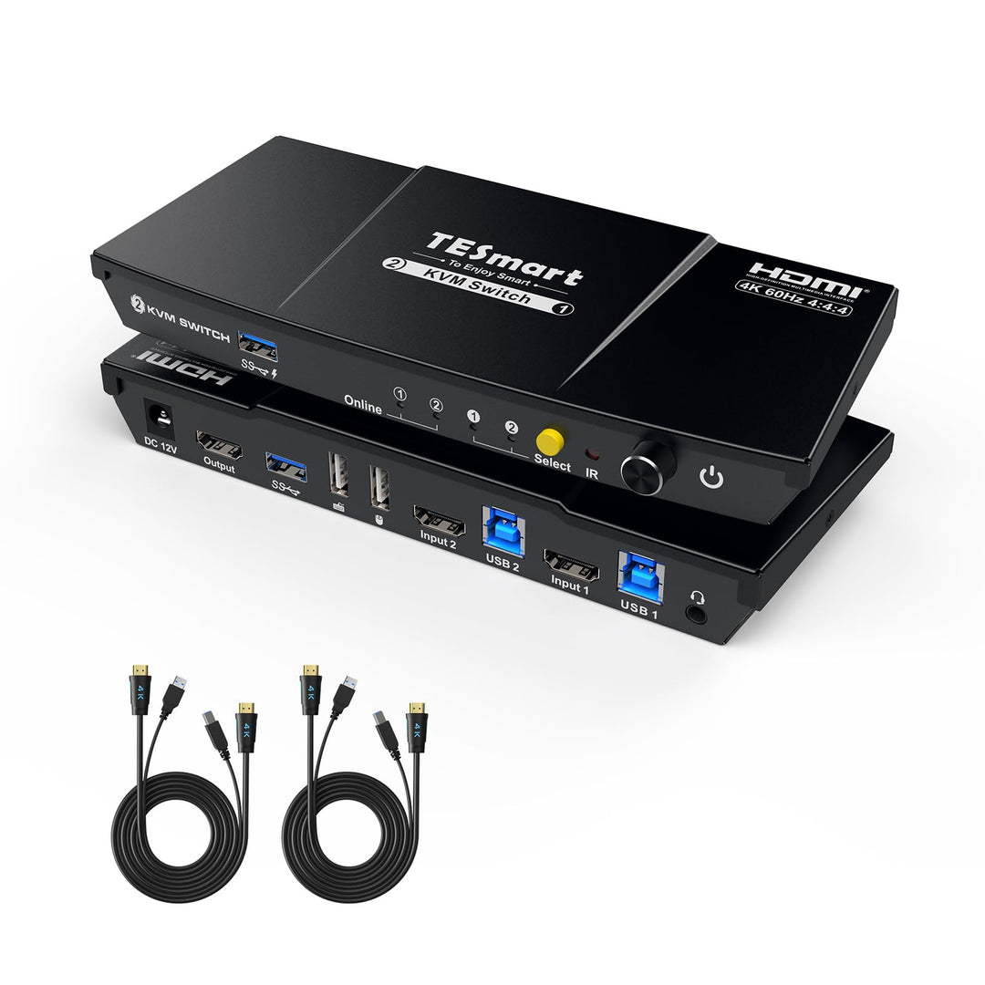 TESmart USB3.0 HDMI KVM Switch, 2 PC 1 Monitore Switch 4K 60Hz mit EDID Emulator, Hotkey, Audio Extr