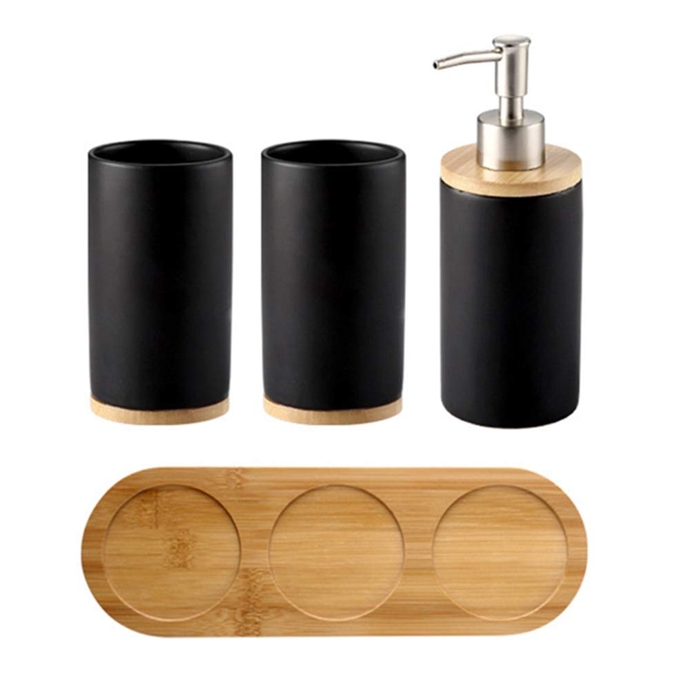 Badezimmer Accessoires Set Keramik, 4-teilig, Zahnbürstenhalter, Seifenspender, Bambus Fach, Zahnput