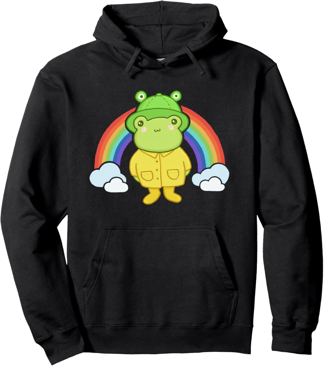 Cute Frog with Hat Rainbow Kawaii Aesthetic Cottagecore Frog Pullover Hoodie