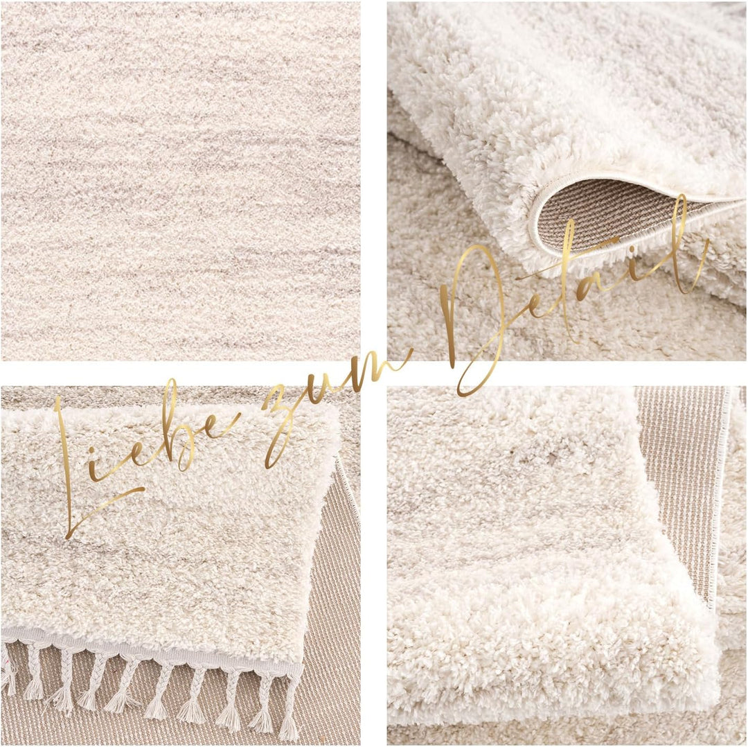 payé Hochflor-Teppich Wohnzimmer Cream - 120x160cm - Meliert mit Fransen - Weiche Schlafzimmer-Teppi