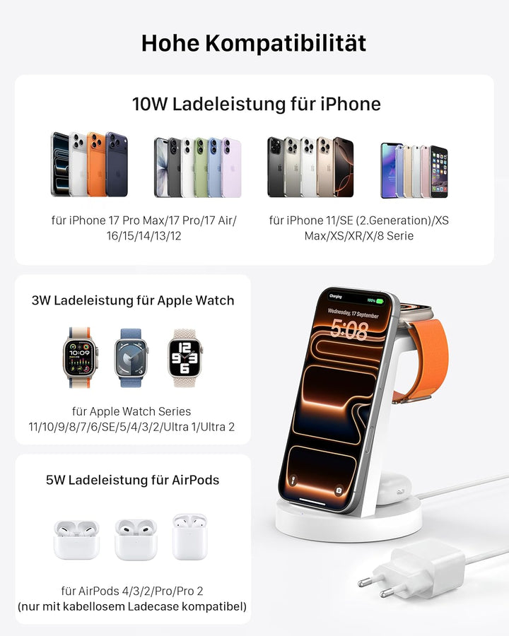 3 in 1 Ladestation Kabelloses Ladegerät - Schnelles Wireless Charger für iPhone 15 14 13 12 11 Pro S