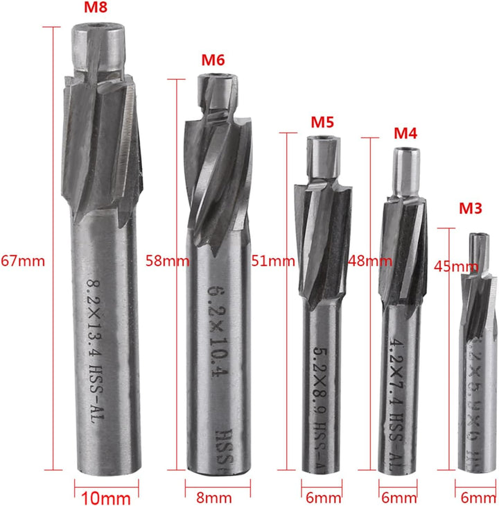 5 Stücke Senker Schaftfräser, HSS-AL M3 M4 M5 M6 M8 4 zapfensenker Flöten Senker Schaftfräser Slot B
