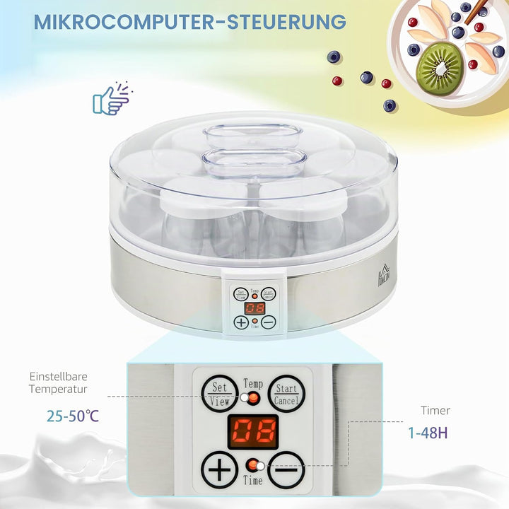 HOMCOM Yaourtière 7 pots en verre de 180ml, machine à yaourt électrique en acier inoxydable avec min