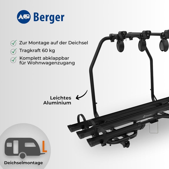 BERGER Fahrradträger Deichsel Wohnwagen | Premium 3XL Deichsel Fahrradträger für 3 Fahrräder bis 60k