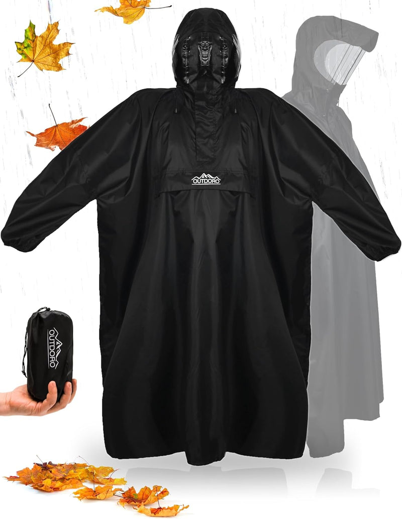 Outdoro Regenponcho mit Ärmeln - Mit Navigations-Fenster in der Brusttasche, Reissverschluss und Sic
