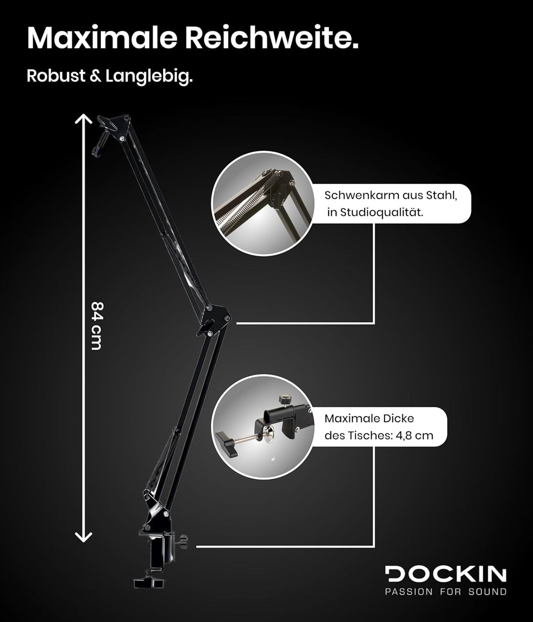 DOCKIN® Mikrofon Arm [84cm Schwenkreichweite] - Kompatibel mit RØDE Mikrofone, Razer Mikrofone, etc.