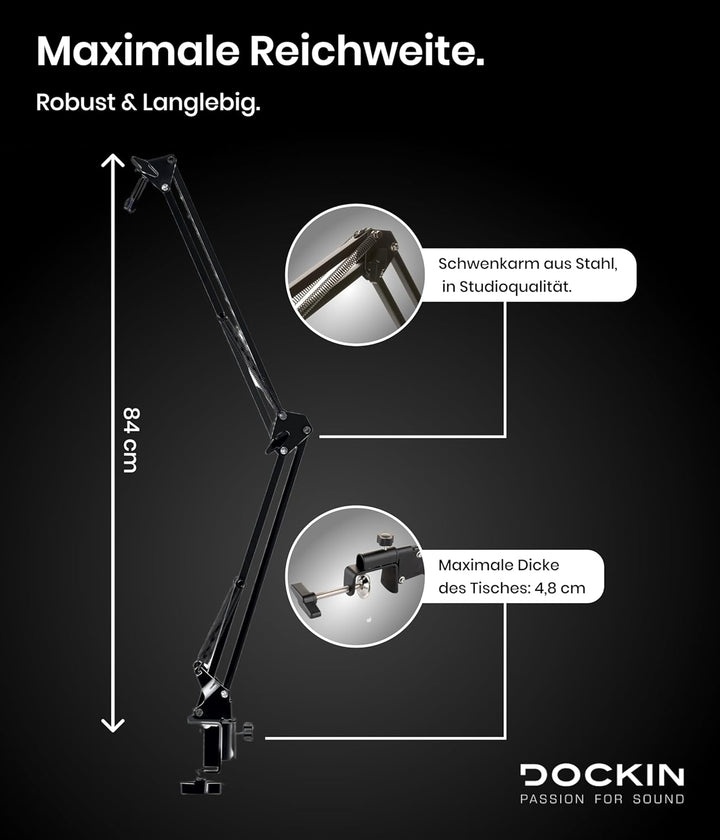 DOCKIN® Mikrofon Arm [84cm Schwenkreichweite] - Kompatibel mit RØDE Mikrofone, Razer Mikrofone, etc.