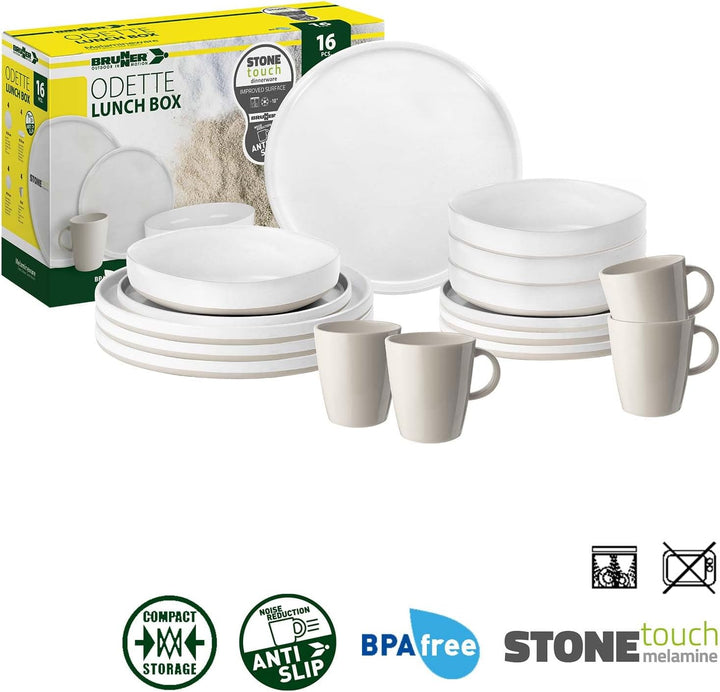 BRUNNER: Melamin Geschirr-Set Camping | 16-Teilig - Teller & Becher für 2-4 Personen | Lunch Box ODE