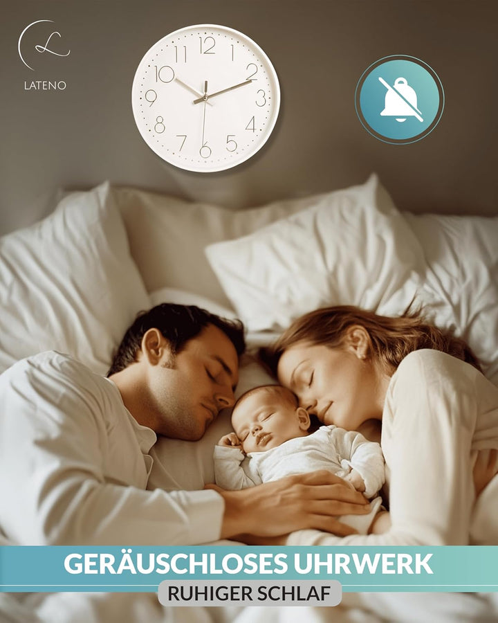 LATENO - Wanduhr ohne Tickgeräusche - Analoge Wanduhr 20 cm zum Aufhängen & Hinstellen - Wanduhr lau