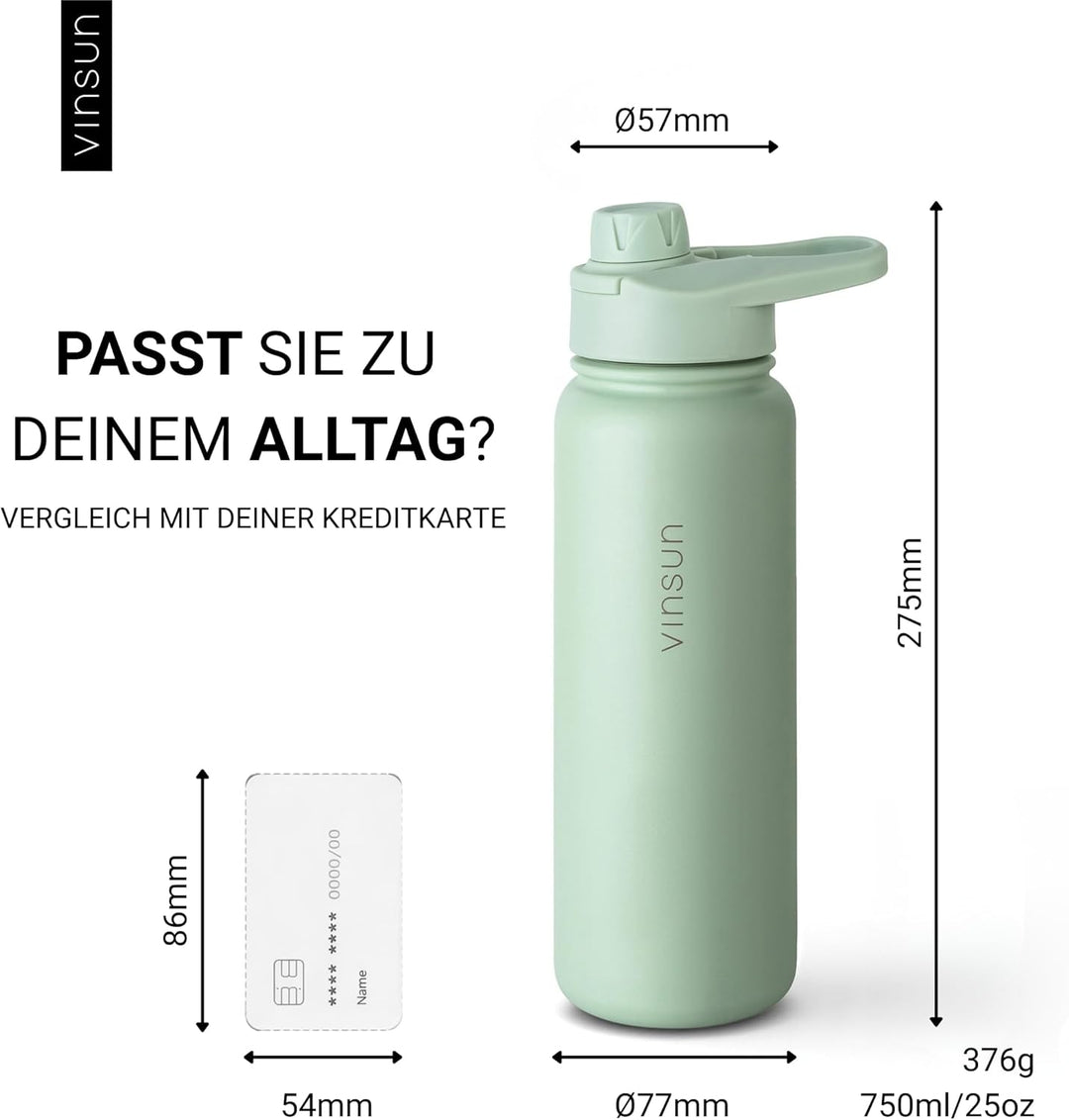 Vinsun Trinkflasche Edelstahl grün 750ml - auslaufsicher, Kohlensäure geeignet, BPA frei - Strohhalm