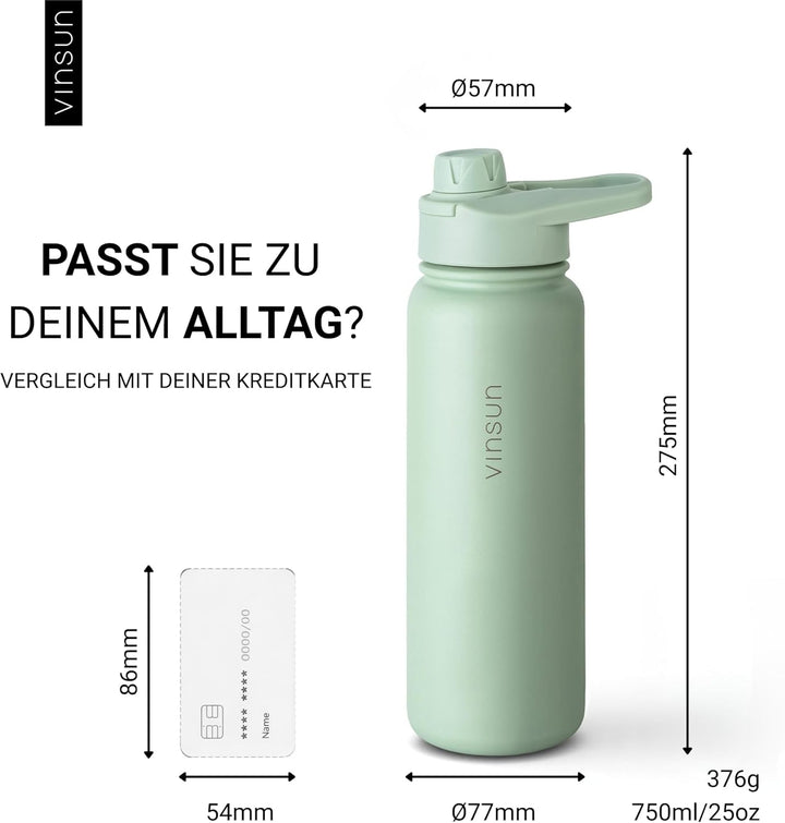 Vinsun Trinkflasche Edelstahl grün 750ml - auslaufsicher, Kohlensäure geeignet, BPA frei - Strohhalm
