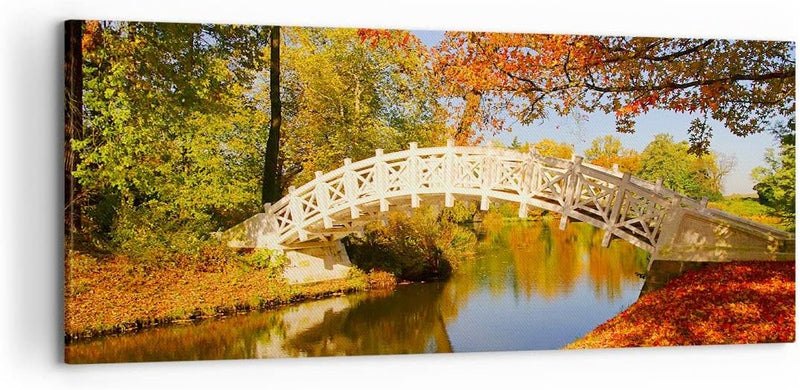 Wandbilder Dekoration Wohnzimmer Stream Fussgängerbrücke Herbst Panorama Bilder auf Leinwand 120x50c