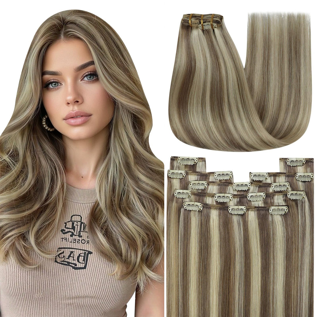 YoungSee Clip in Extensions Echthaar Hellbraun Clip in Extensions Braun Blond Echthaar Extensions Cl