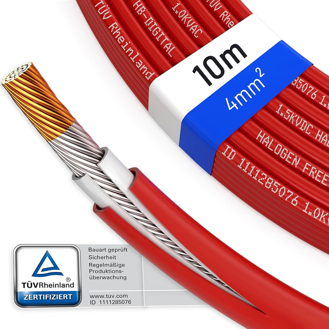 hb-digital 10m Solarkabel 4mm² H1Z2Z2-K TÜV Rheinland geprüft UV-beständig flexibel PV Kabel Reines