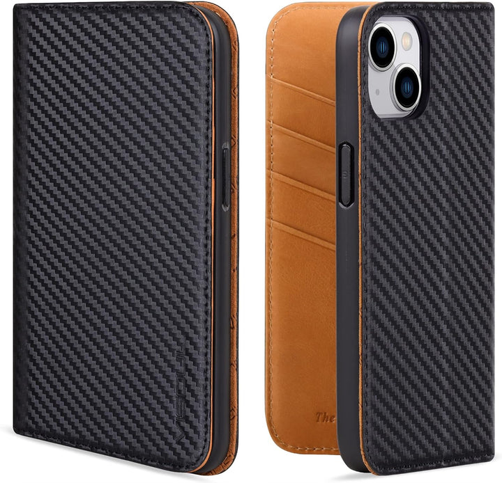 VISOUL iPhone 14 Plus Hülle, Handyhülle [100% Carbon Leder] [RFID Schutz] [Schützt vor Stoss] [Stand