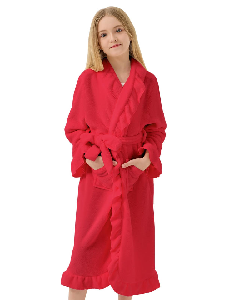 JiAmy Kinder Flanell-Bademantel mit Rüschen Warmer Fleece Hausmantel im Eleganten Stil für Mädchen R