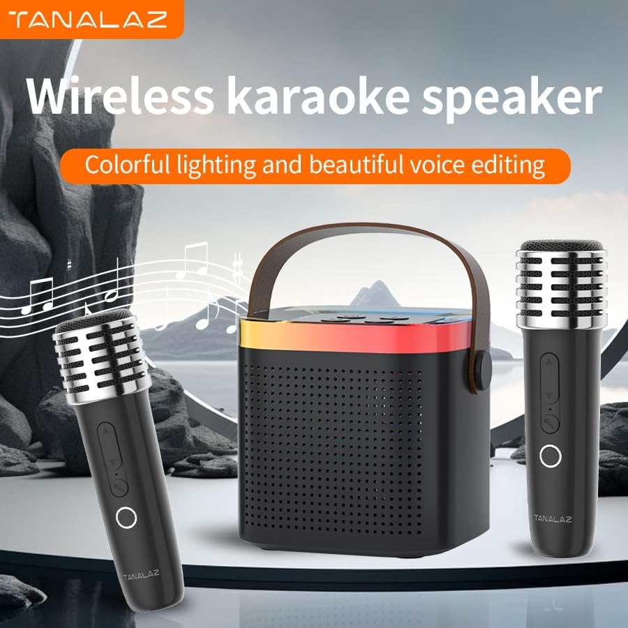 Karaoke-Maschine mit 2 drahtlosen Mikrofonen & Mikrofonbasis, Mini-Bluetooth-Singlautsprecher mit LE