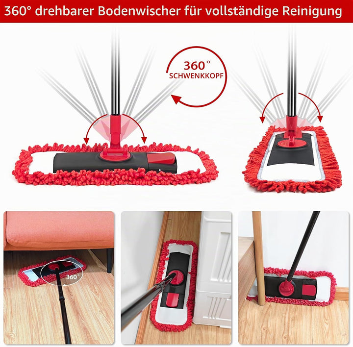 JEHONN Bodenwischer Wischmopp mit Mikrofaser & Chenille Pads, 127 cm Teleskopstiel Wischer Boden für