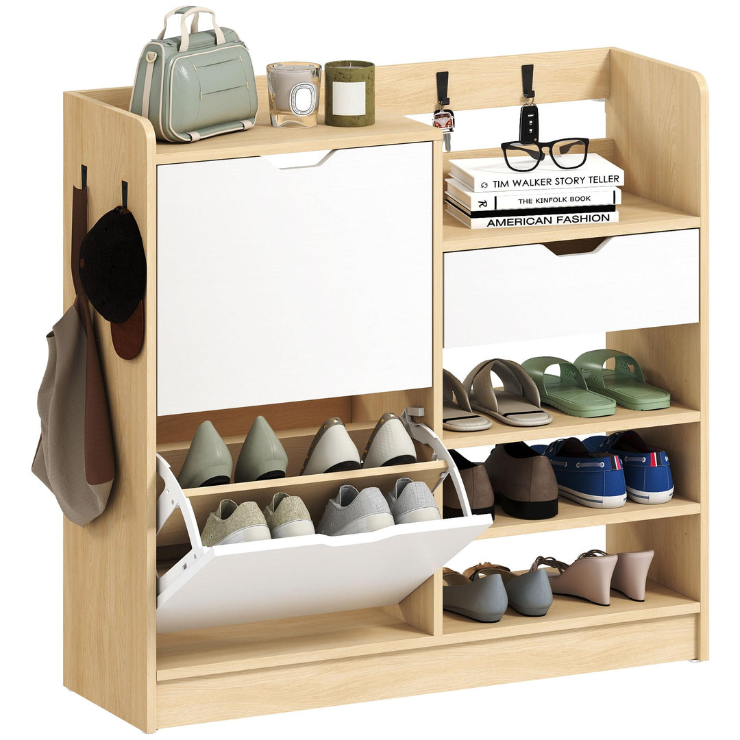 HOMCOM Schuhschrank mit 2 Klappen, Multifunktional Schuhkipper, Schuhregal mit offenen Fächern, vers