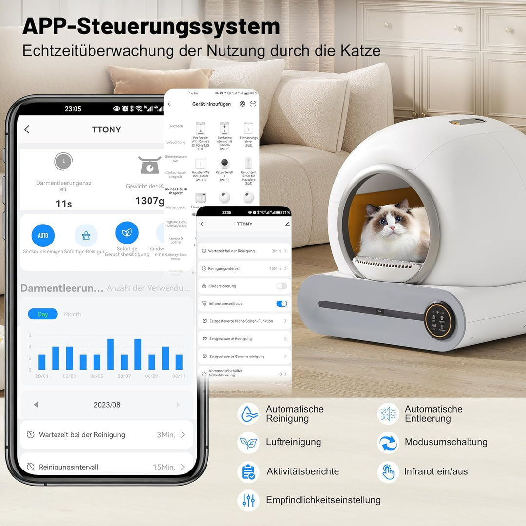 Merax Selbstreinigende Katzentoilette, Automatisches Katzenklo, APP-Steuerung/65L Max Kapazität/Infr