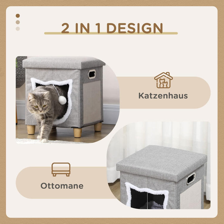 PawHut Katzenhöhle Katzenbett mit waschbarem Kissen, Kratzmatte, Spielball, Anti-Rutsch-Fussmatten K
