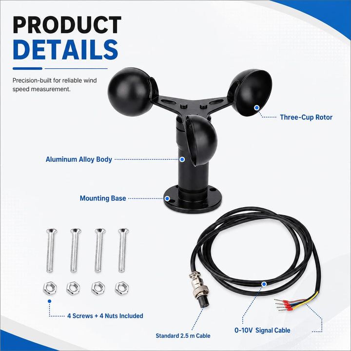 Risegun 0-10V Signalausgang Windgeschwindigkeitssensor, Aluminiumlegierungs Anemometer, 360 Grad Win