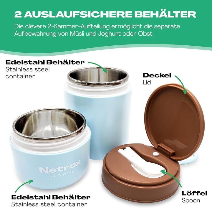 NetroxHome - Müslibecher To Go mit Löffel, Auslaufsicherer Joghurtbecher To Go aus Edelstahl, Lunchb