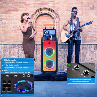 JYX Karaoke Anlage mit 2 drahtlosen Mikrofonen, Grosser Karaoke Lautsprecher Bluetooth mit Rädern un