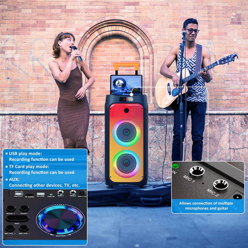 JYX Karaoke Anlage mit 2 drahtlosen Mikrofonen, Grosser Karaoke Lautsprecher Bluetooth mit Rädern un