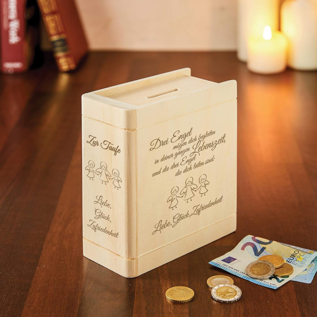 Casa Vivente Spardose aus Holz mit Gravur zur Taufe, Motiv Engel, Sparbüchse als Taufgeschenk für Mä