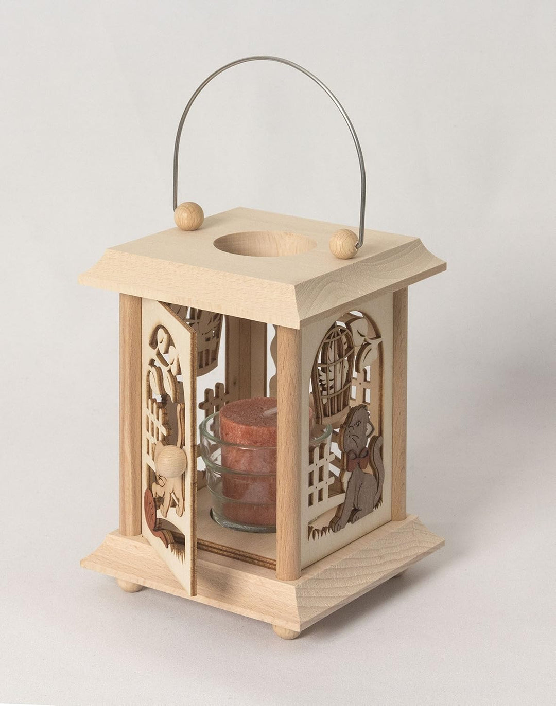 Drechslerei Kuhnert Tischlaterne/Teelichthalter - Motiv: Katzen aus Edelholz - Masse: 11,5 x 11,5 x