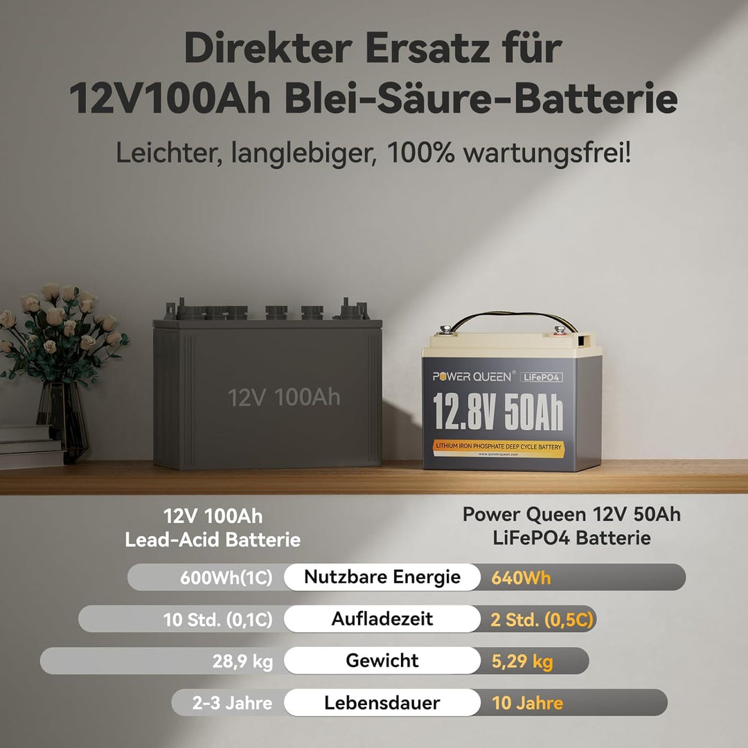 Power Queen 12,8 V 50 Ah LiFePO4 Lithium-Batterie, 640Wh Lithium Akku, über 4000+ Zyklen, Ersatzbatt