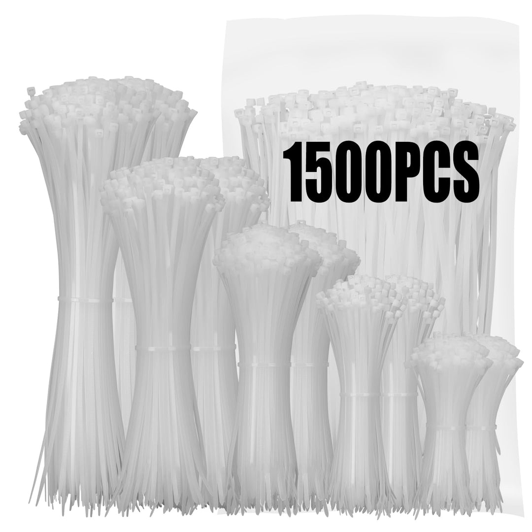 XINGO 1500 Stück Kabelbinder Weiss Set, 100/150/200/300 mm(je 300 Stück), UV Beständig Nylon Verschi