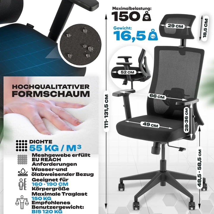 VALKENSTOL M3 Komfort Ergonomischer Bürostuhl 150 kg – [Höhenverstellbare Lordosenstütze] Schreibtis