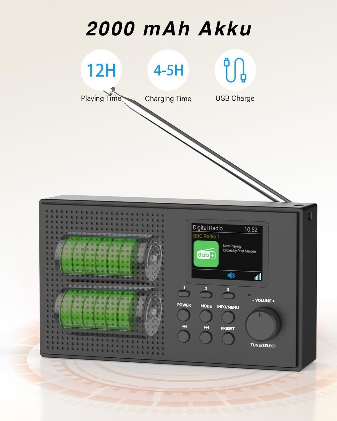 Tragbarer DAB DAB+ Radio mit Bluetooth, UKW Digital Radio, FM Wiederaufladbar Radio mit 2,4" Farbdis