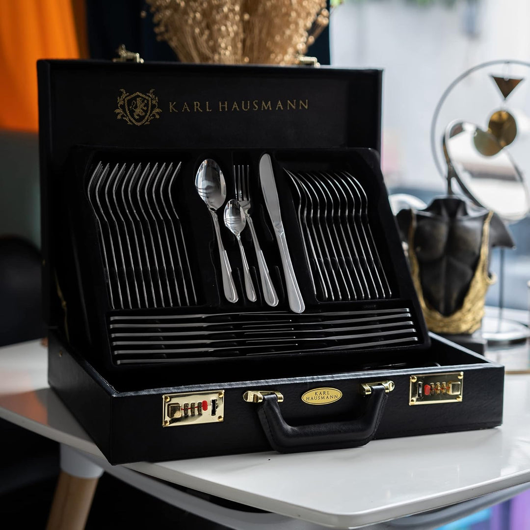 KARL HAUSMANN Besteck Set 12 Personen, 72 teilig Edelstahl Besteckset mit Koffer - Essbesteck mit Me