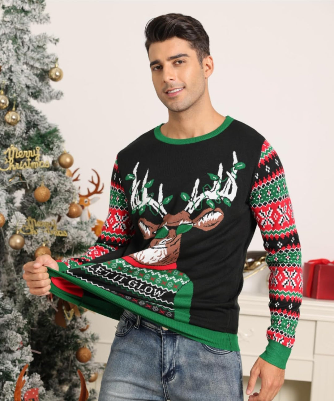 Belovecol Unisex Weihnachtspullover LED Ugly Christmas Sweater Pullover Langarm Strickpullover M Xma