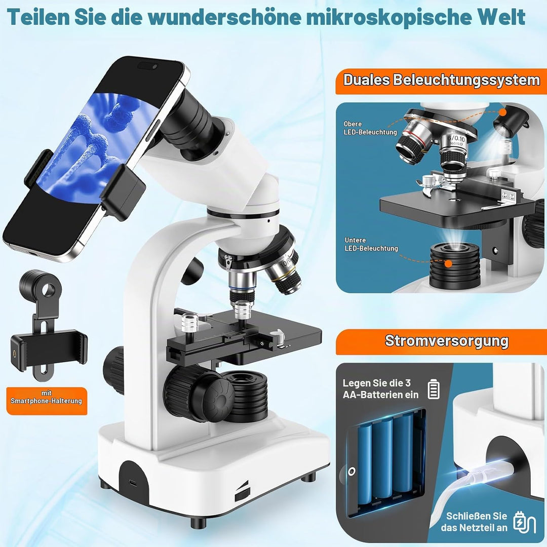 Binokulares Mikroskop, 40X-1000X, Lineal verschieben, 4 Objektivlinsen, Grober und feiner Fokus, mit