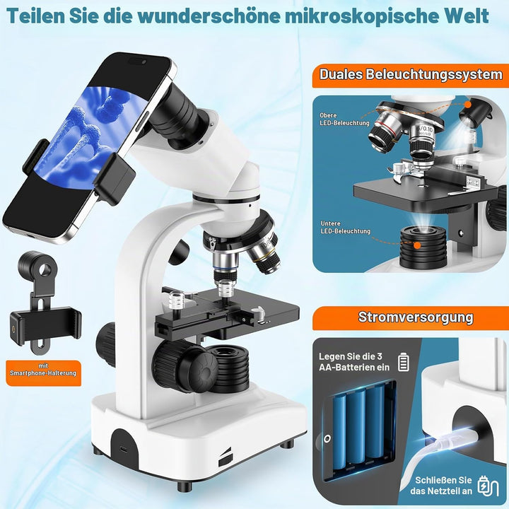 Binokulares Mikroskop, 40X-1000X, Lineal verschieben, 4 Objektivlinsen, Grober und feiner Fokus, mit