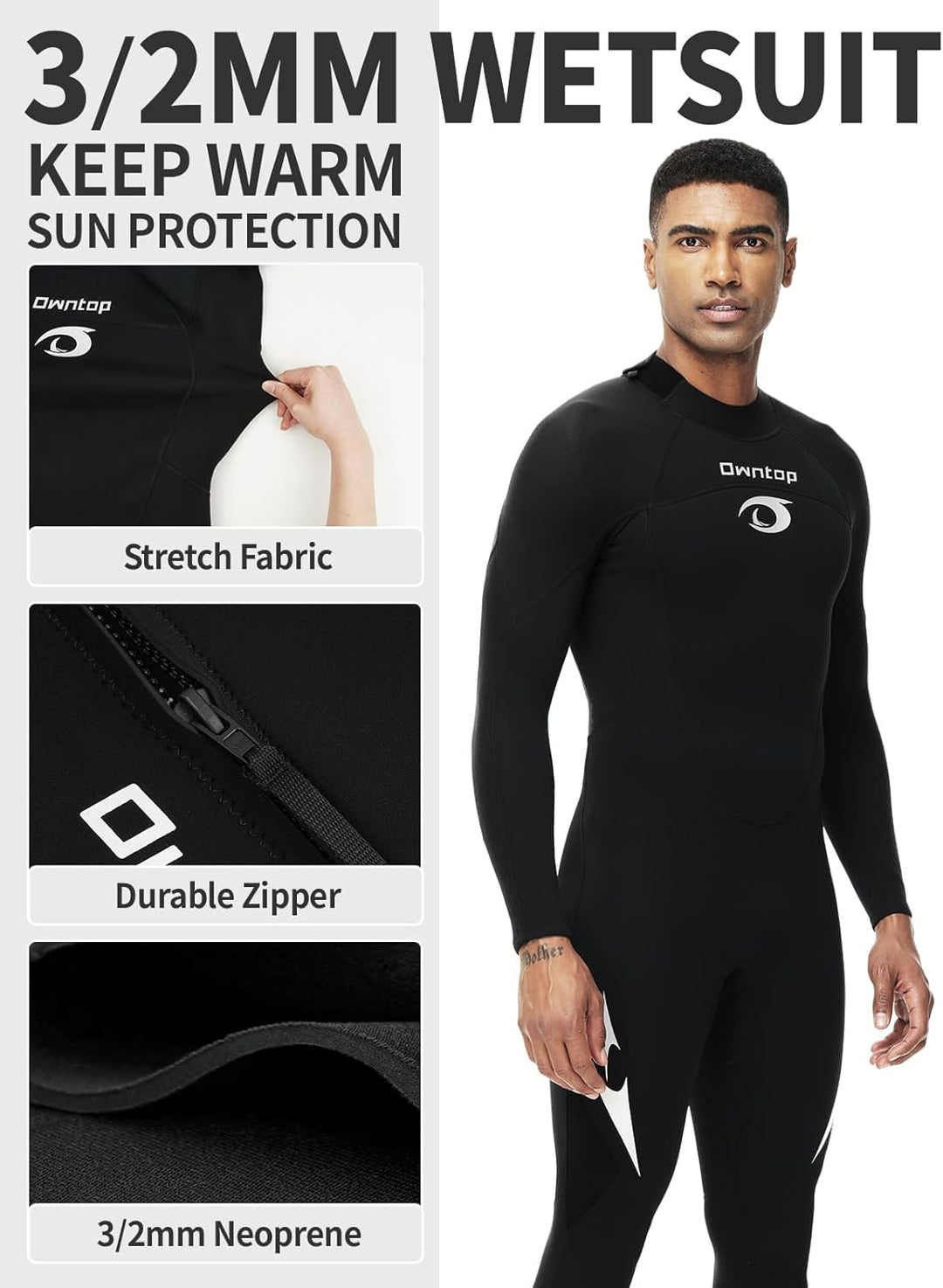 Owntop Herren Damen Ganzkörper 3/2mm Neoprenanzug, Ultra-Stretch Langarm Winter Neoprenanzug, Rücken
