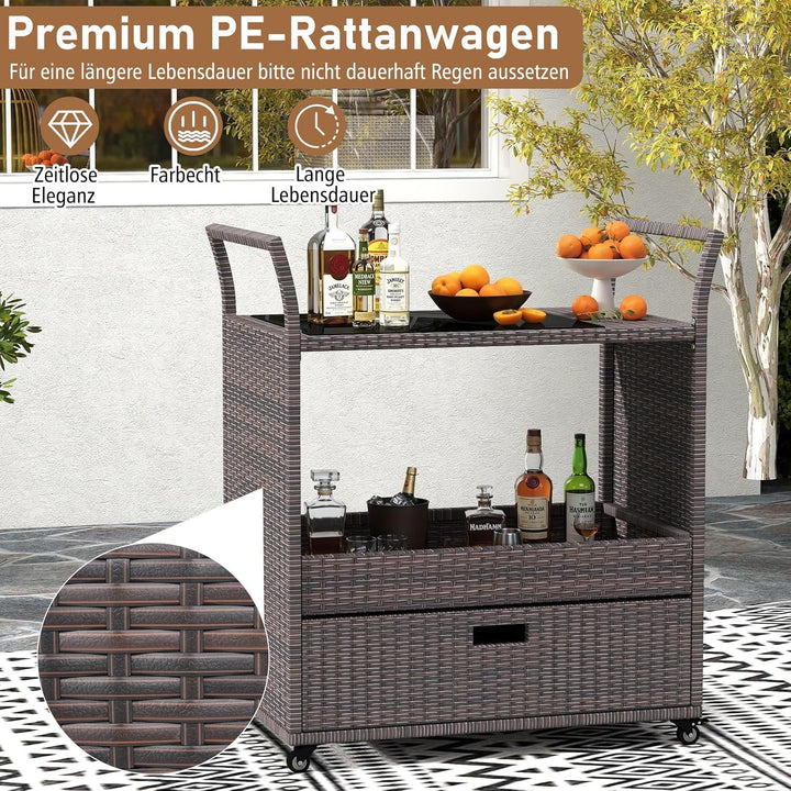 COSTWAY Grillwagen Outdoor, Rattan Servierwagen mit gehärteter Glasplatte, offenes Ablagefach & Schu