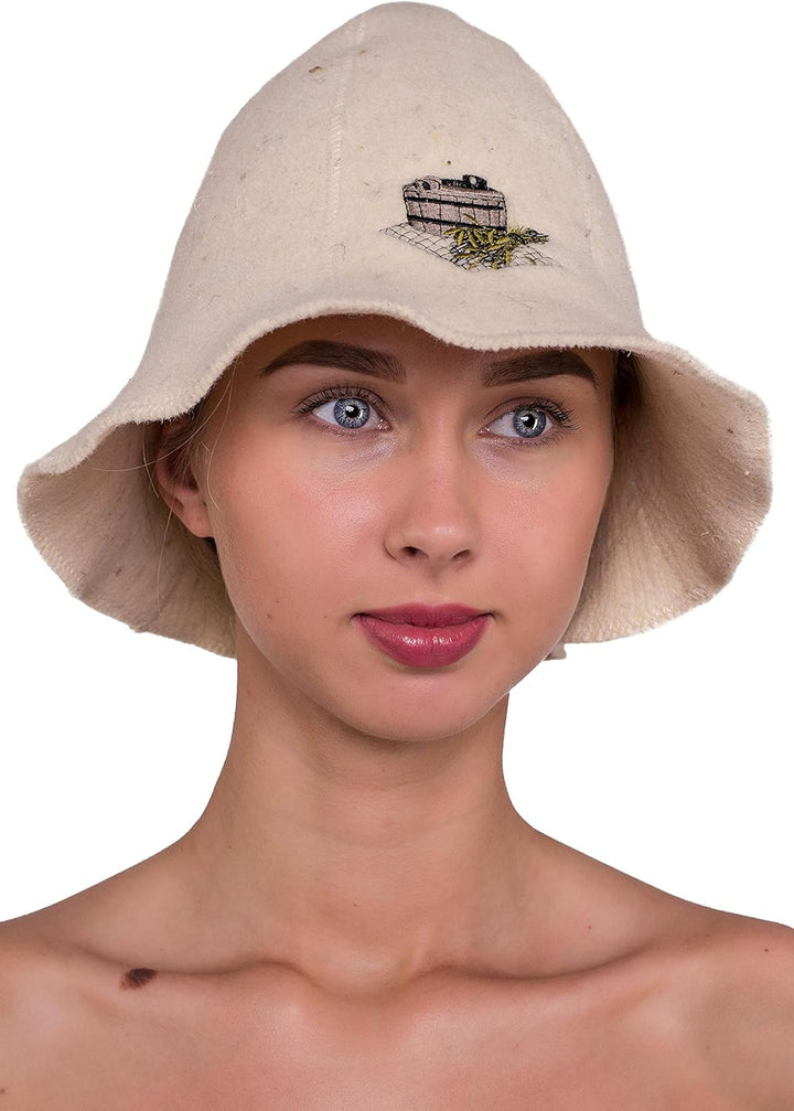 Ger3as Saunahut 100% Wolle mit Stickerei für Damen und Herren, Wellness Mütze Premium Qualität Bad S