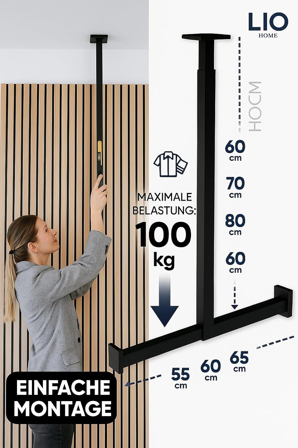 Kleiderstange Schwarz Metall | Moderne hängende Wand- & Deckengarderobe | (H: 60-90 cm, B: 50-65 cm)