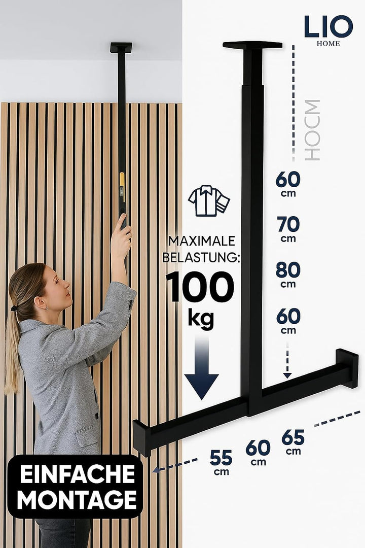 Kleiderstange Schwarz Metall | Moderne hängende Wand- & Deckengarderobe | (H: 60-90 cm, B: 50-65 cm)