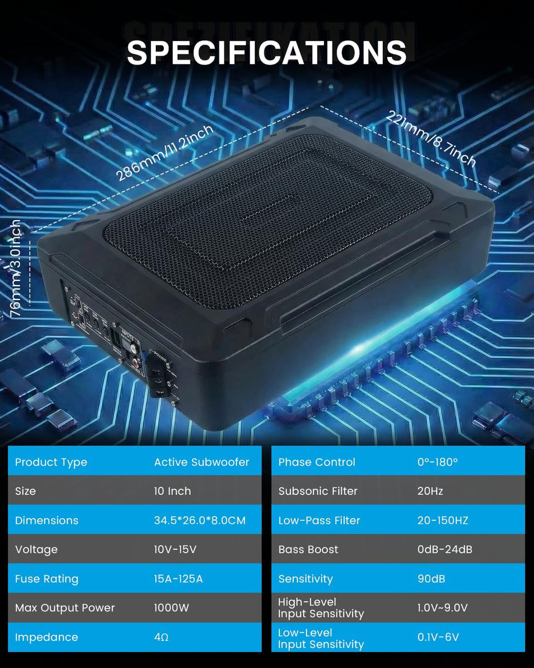 Ultraflacher Auto-Subwoofer, geeignet für Auto/Truck, mit integriertem Verstärker, unter den Sitzen