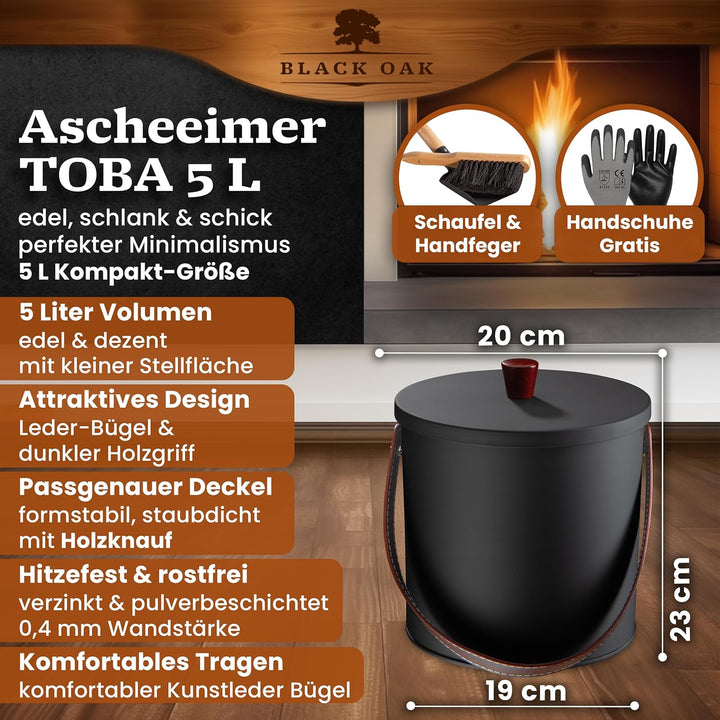 BLACK OAK Ascheeimer TOBA 5L - schwarz mit Deckel mit Holzknauf + Feger + Schaufel & Handschuhen - 5