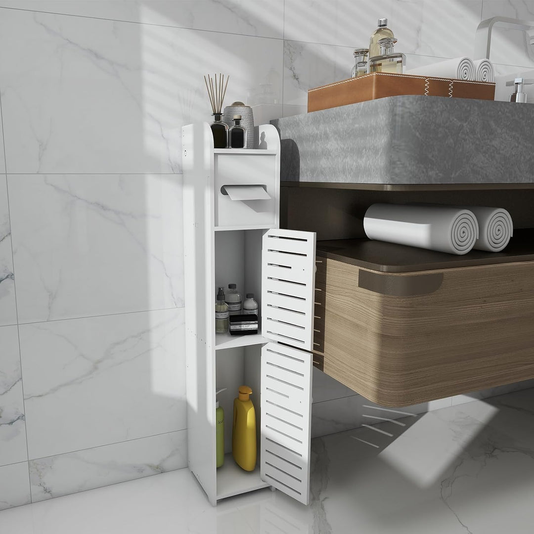17x15x78cm Doppeltür PP Badezimmerschrank Weiss – Schmaler WC Schrank mit Toilettenpapierhalter, Pla